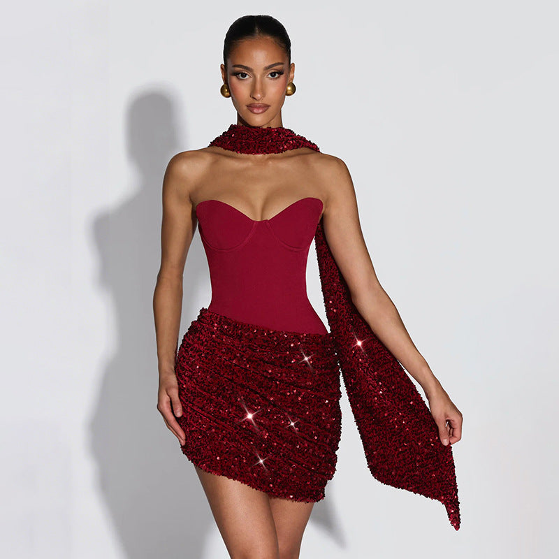 Virginia Beach Sexy Halter Ribbon Asymmetric Pleated Draped Mini Dress