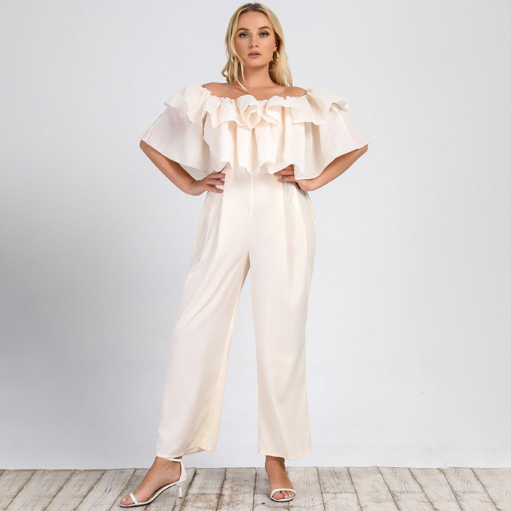 Plus Size Women Clothing Summer New Lotus Edge off-Shoulder Solid Straight-Leg Office Casual Jumpsuit