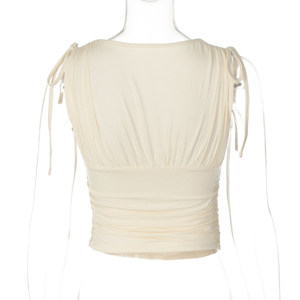 Women Solid  Deep V  Wrapped Chest Pleated