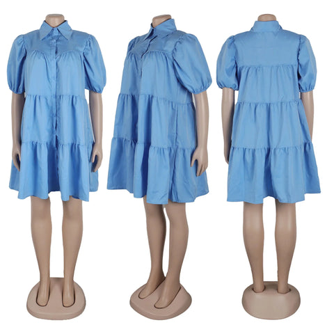 Secaucus Puff Sleeve Single Breasted Lapel Collar Babydoll Street White Big Swing Dress
