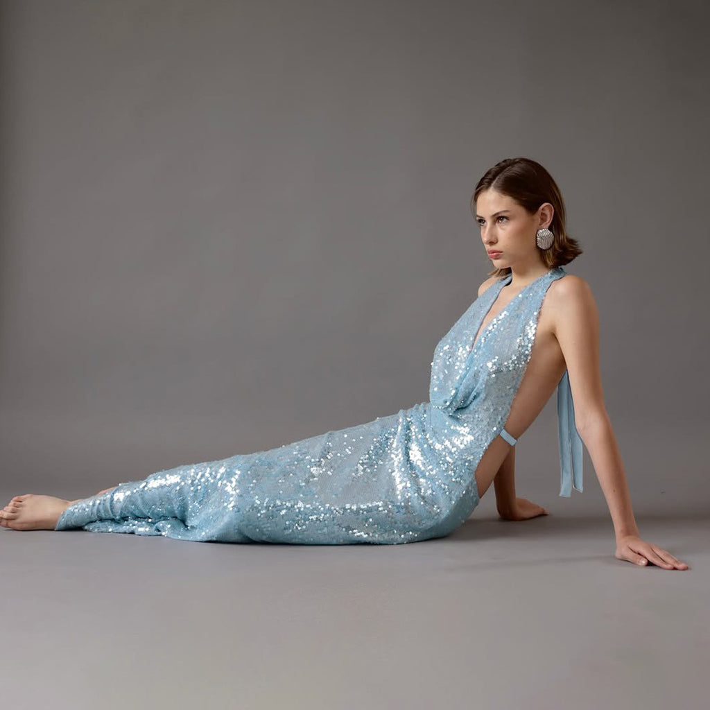 La Puya Sequined Swing Collar Sexy Backless Halter Self Tie Slit Dress