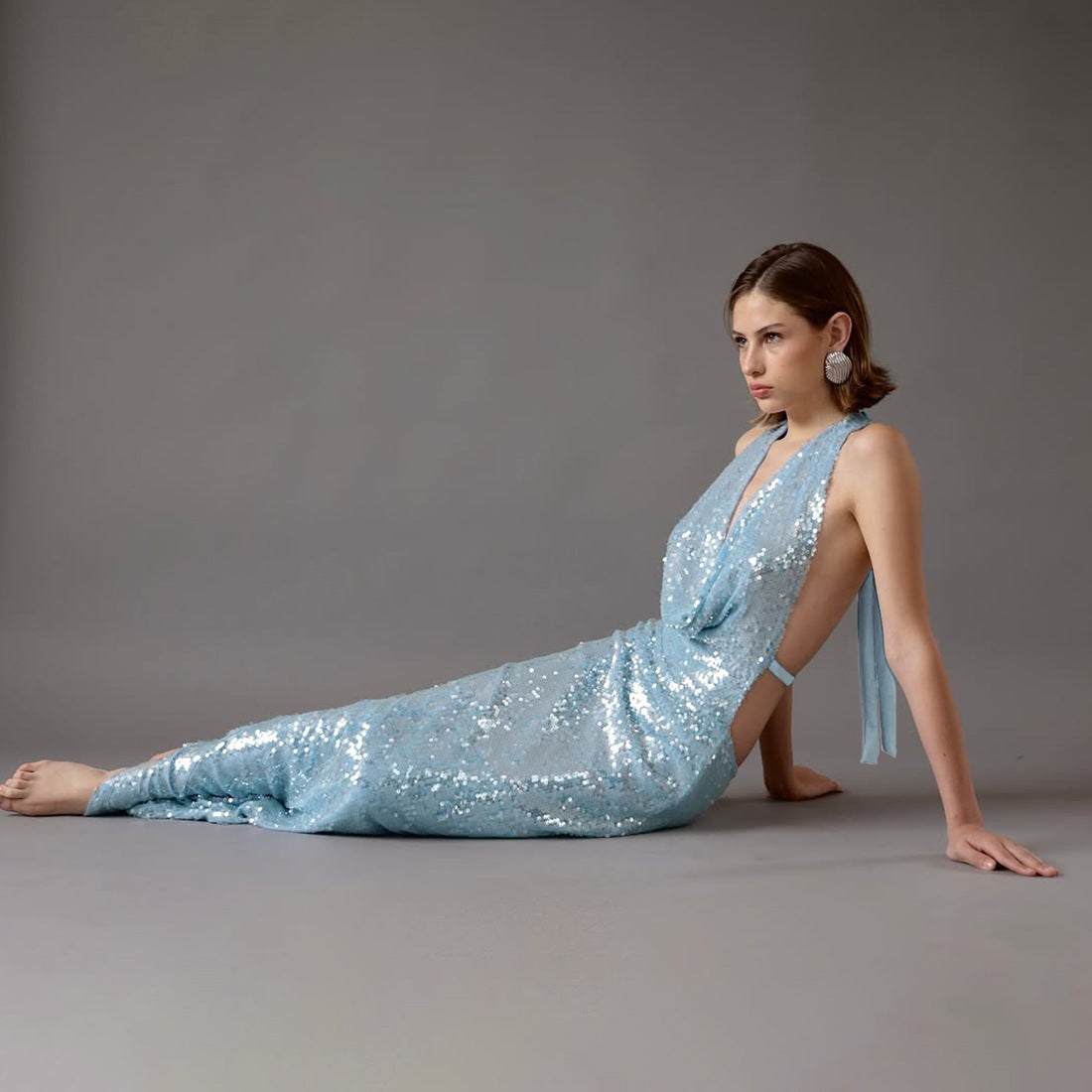 La Puya Sequined Swing Collar Sexy Backless Halter Self Tie Slit Dress