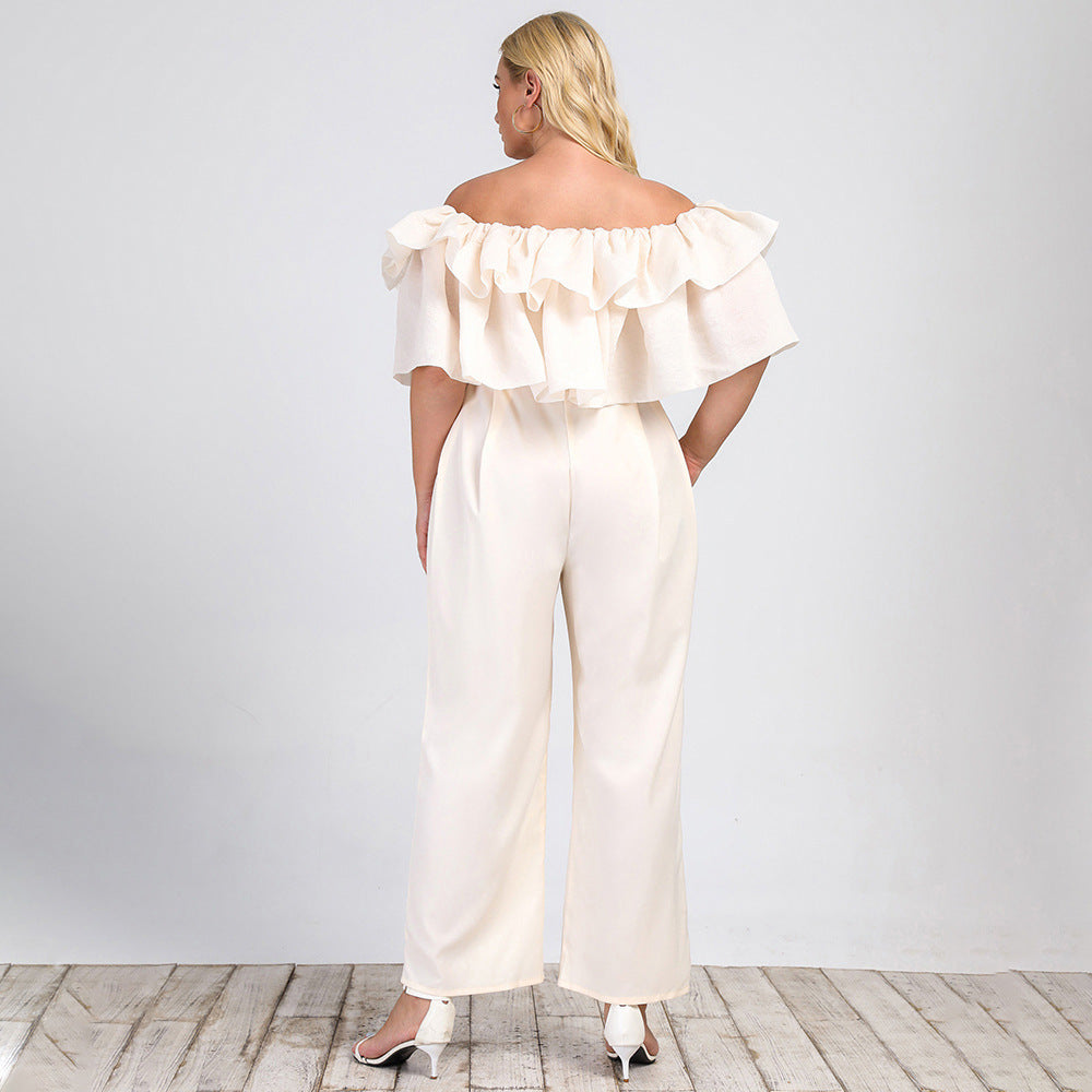 Plus Size Women Clothing Summer New Lotus Edge off-Shoulder Solid Straight-Leg Office Casual Jumpsuit