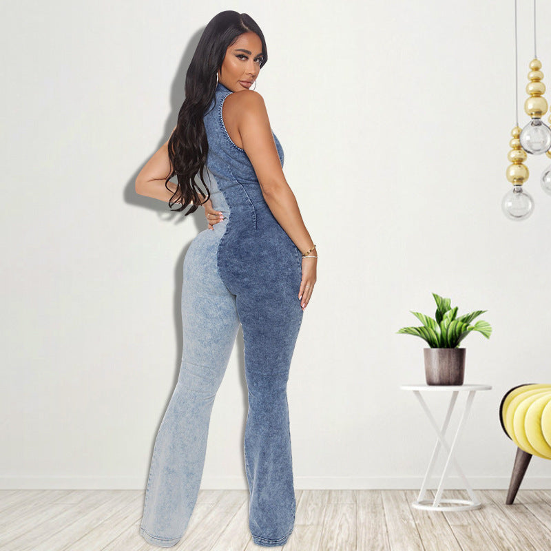 Plus Size Women Clothing Autumn New Color Matching Wash Sexy Denim Jumpsuit