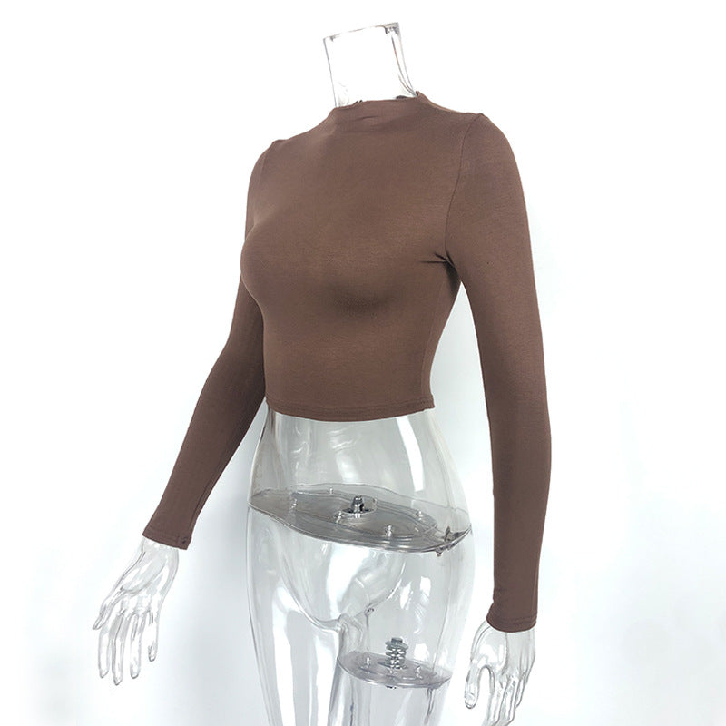 Women Solid cropped tight Long Half Turtleneck