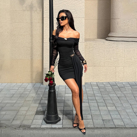 Goldsboro Sexy Off Shoulder Sexy Backless Mesh Stitching Long Sleeve Dress