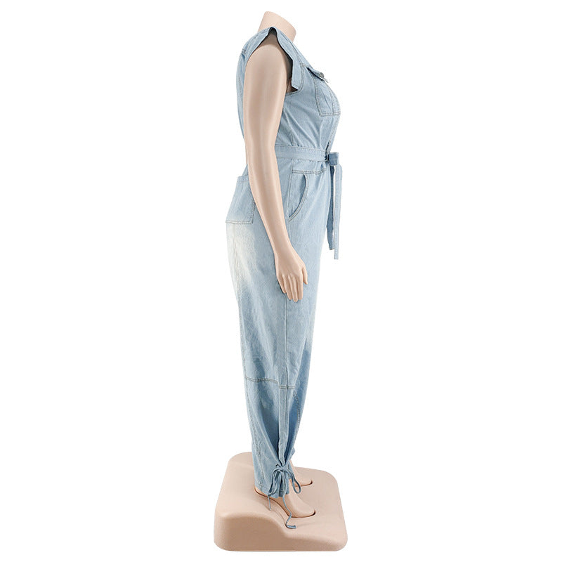 Plus Size Women Clothing Autumn New Denim Sleeve Wash Jumpsuit Trousers Sexy New
