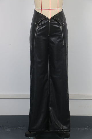 Women High Waist Trousers Faux Leather Nightclub Metal Zipper Straight Leather Pants Winter