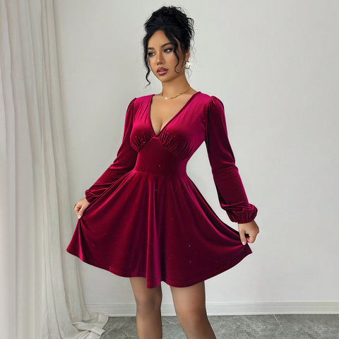 Ponce Retro Socialite Wine Red Velvet V neck Lantern Sleeve Slim Mini Dress