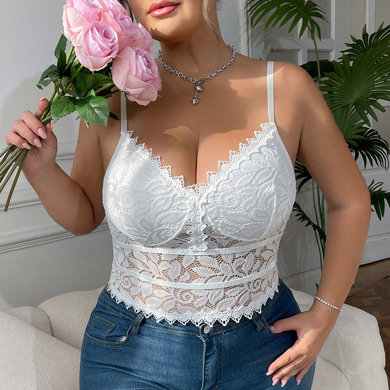 Over Plus Size Bra Vest Thin Size Sexy Hollow Out Cutout out Lace Solid Color Camisole without Steel Ring