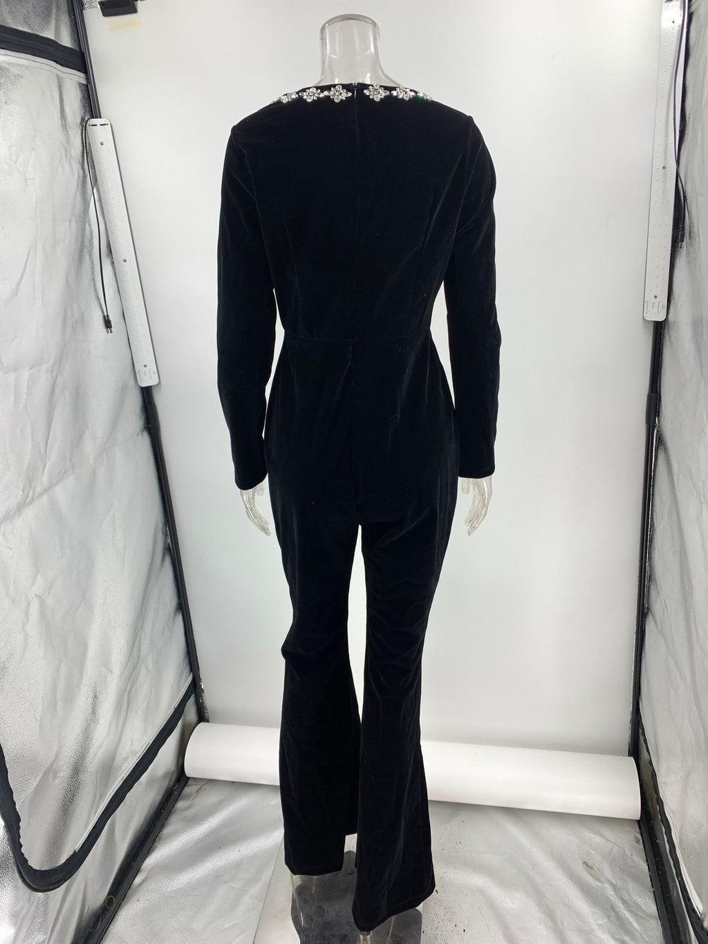 Diamond Velvet Square Collar Long Sleeve High Waist Slim Flared Jumpsuit