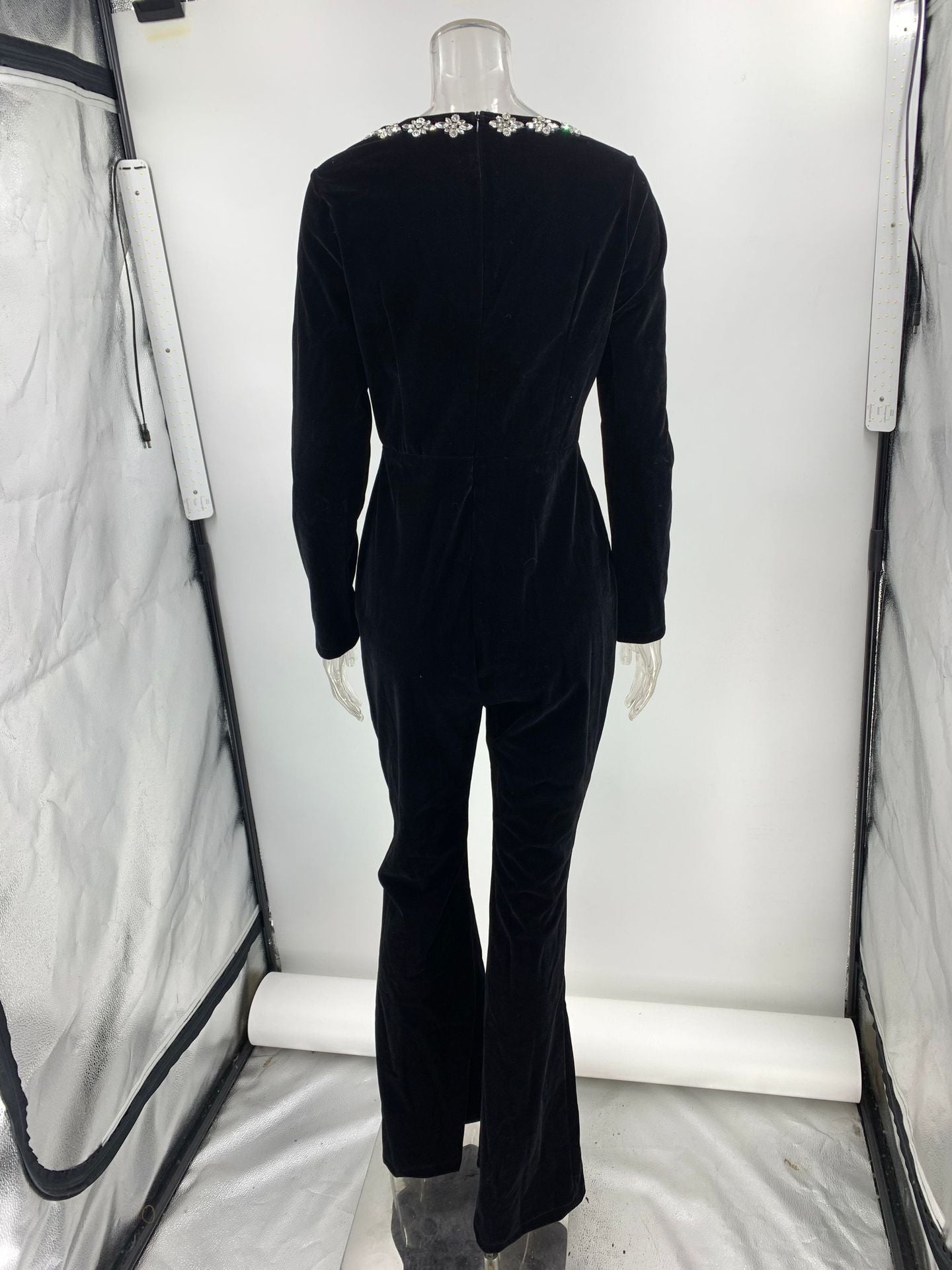 Diamond Velvet Square Collar Long Sleeve High Waist Slim Flared Jumpsuit