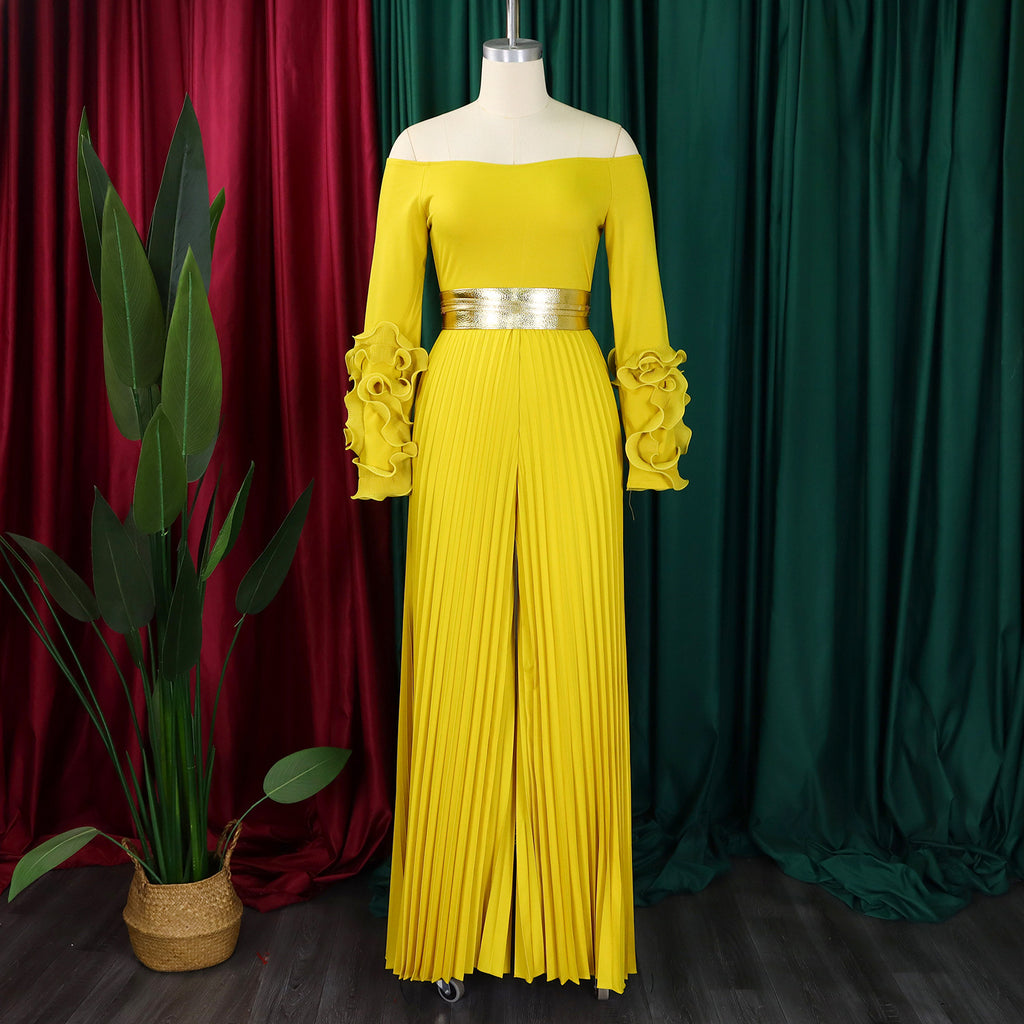 Off Neck Ruffle Sleeve Solid Color Pleated Wide Leg Jumpsuit