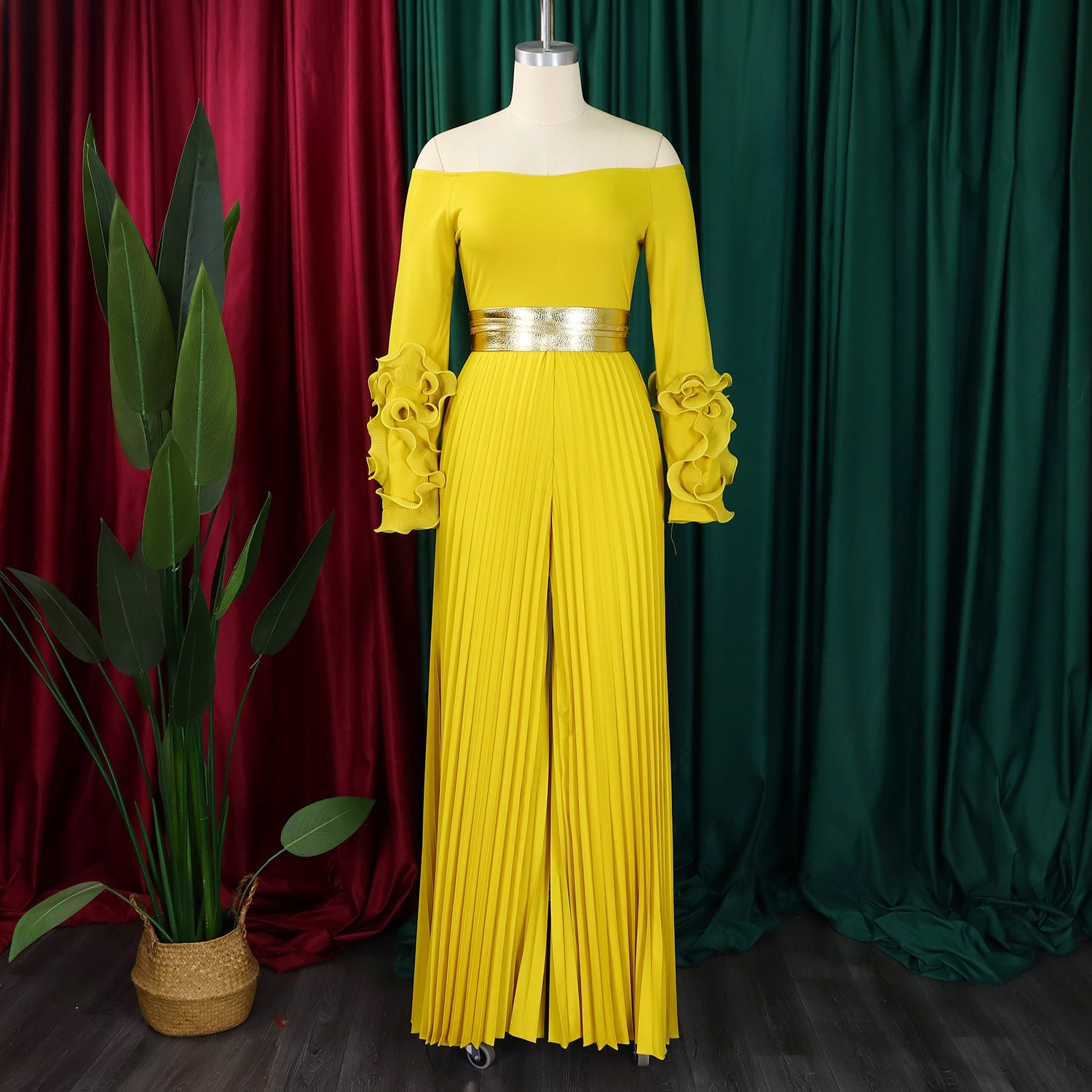 Off Neck Ruffle Sleeve Solid Color Pleated Wide Leg Jumpsuit