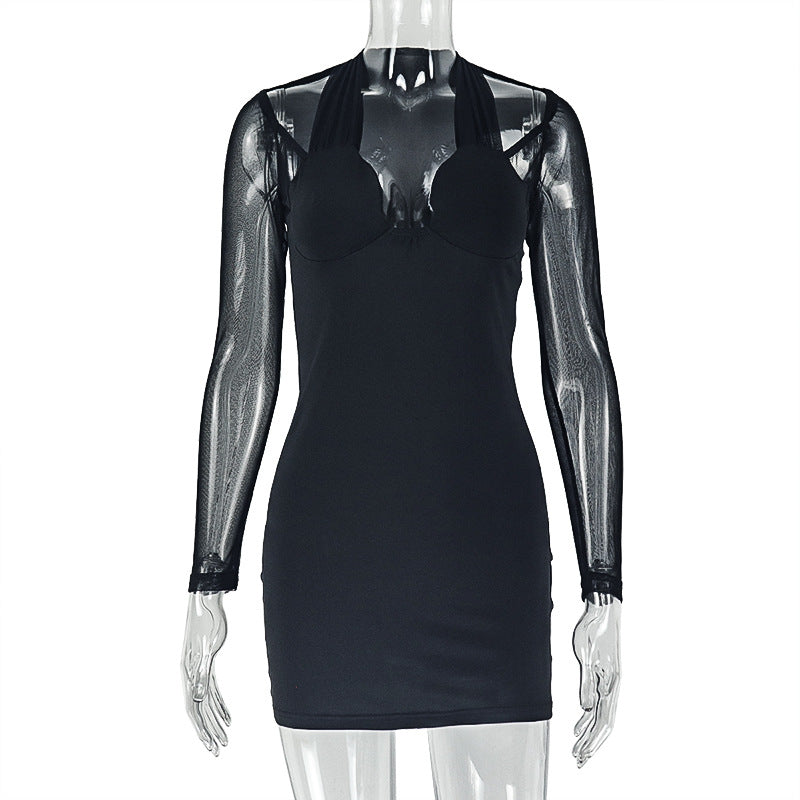 Salcedo Solid Color Slim Fit Patchwork Hip Wrapped Chest Mesh Long Sleeve Dress