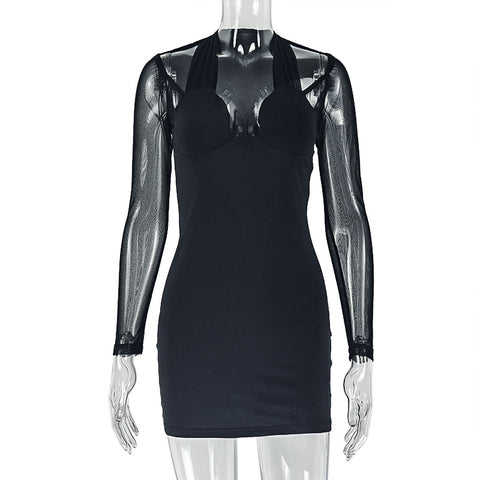 Salcedo Solid Color Slim Fit Patchwork Hip Wrapped Chest Mesh Long Sleeve Dress