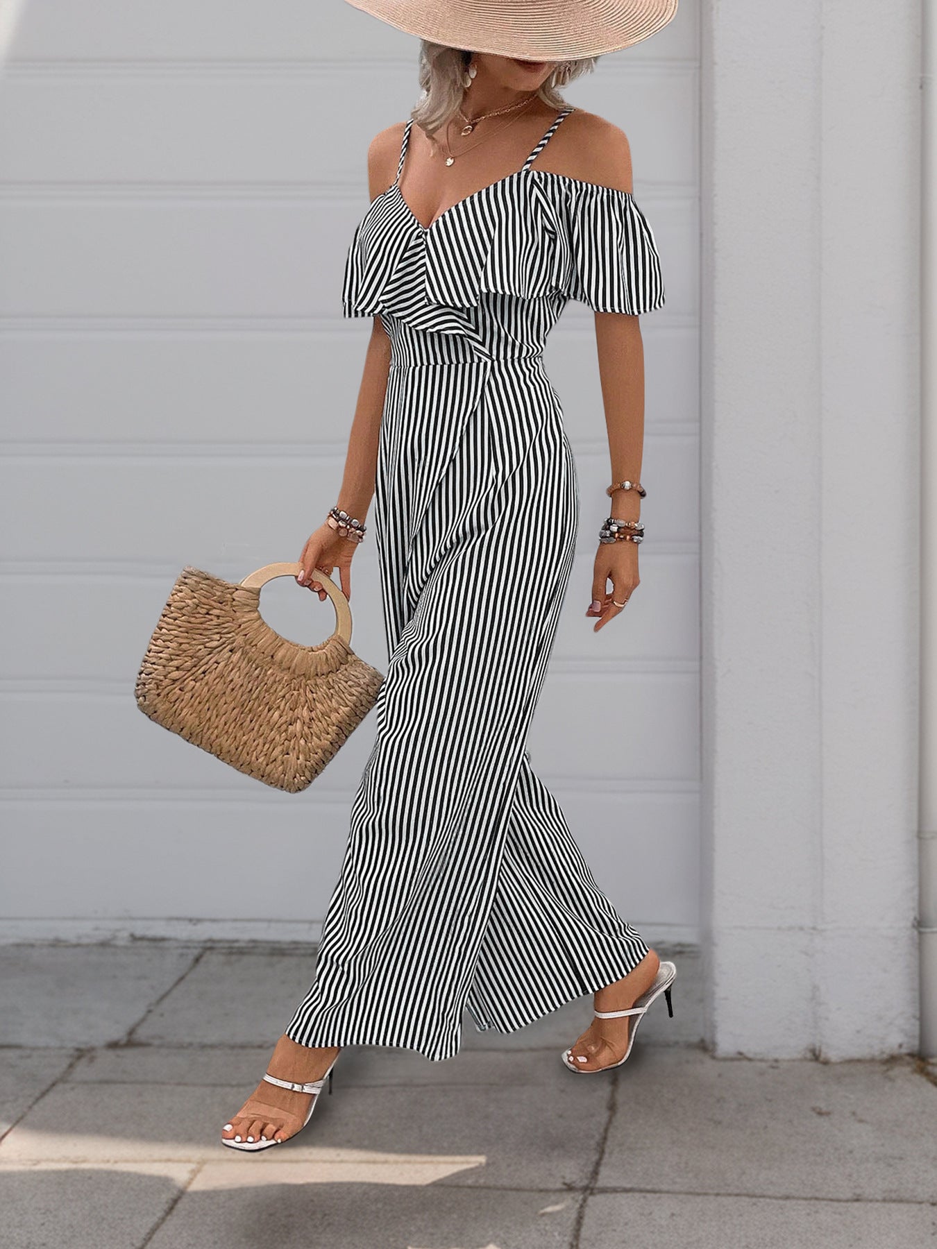 Pants Summer Striped Spaghetti Straps Wide Leg Jumpsuit Women