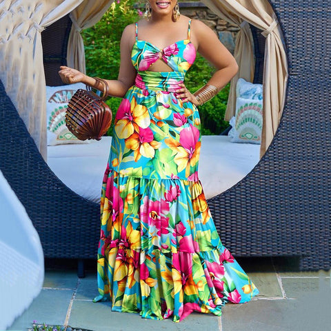 Aruba Sexy Strap Printed Sleeveless Backless Maxi Dress