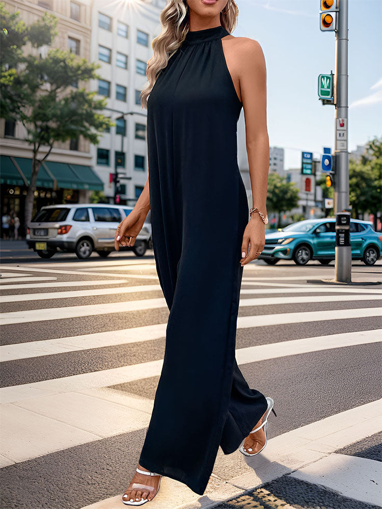Summer Women Halter Solid Color Straight Jumpsuit