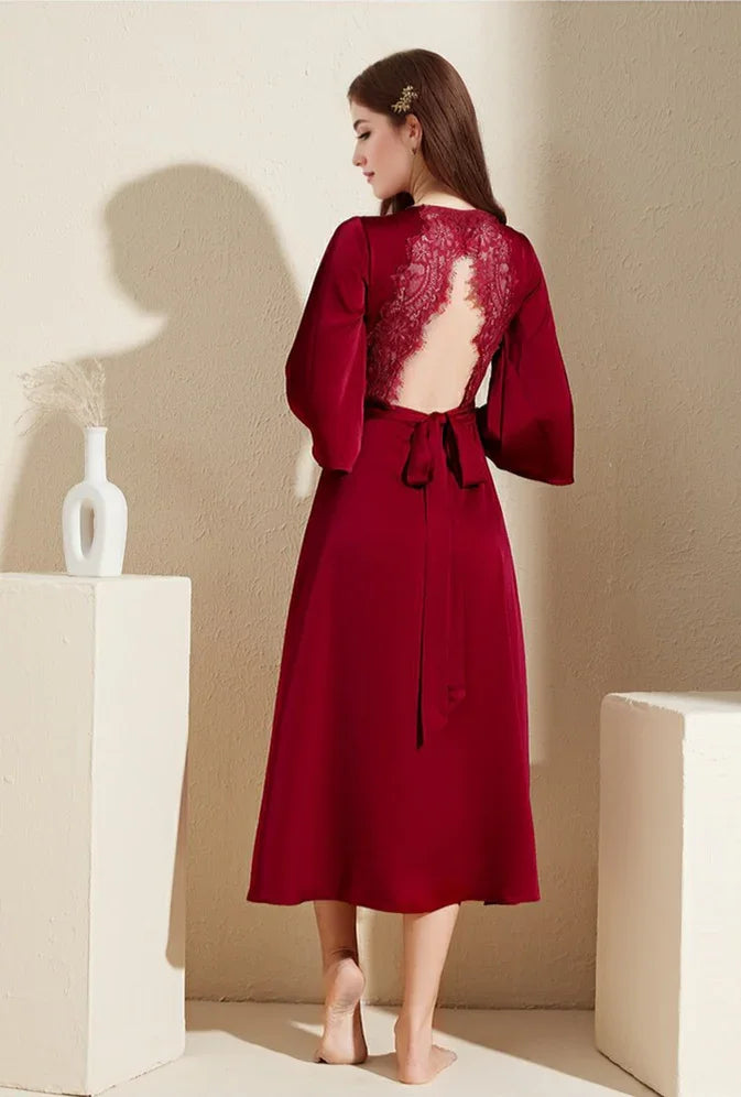 Elegant Lace Keyhole Open Back Soft Satin Robe with Slit
