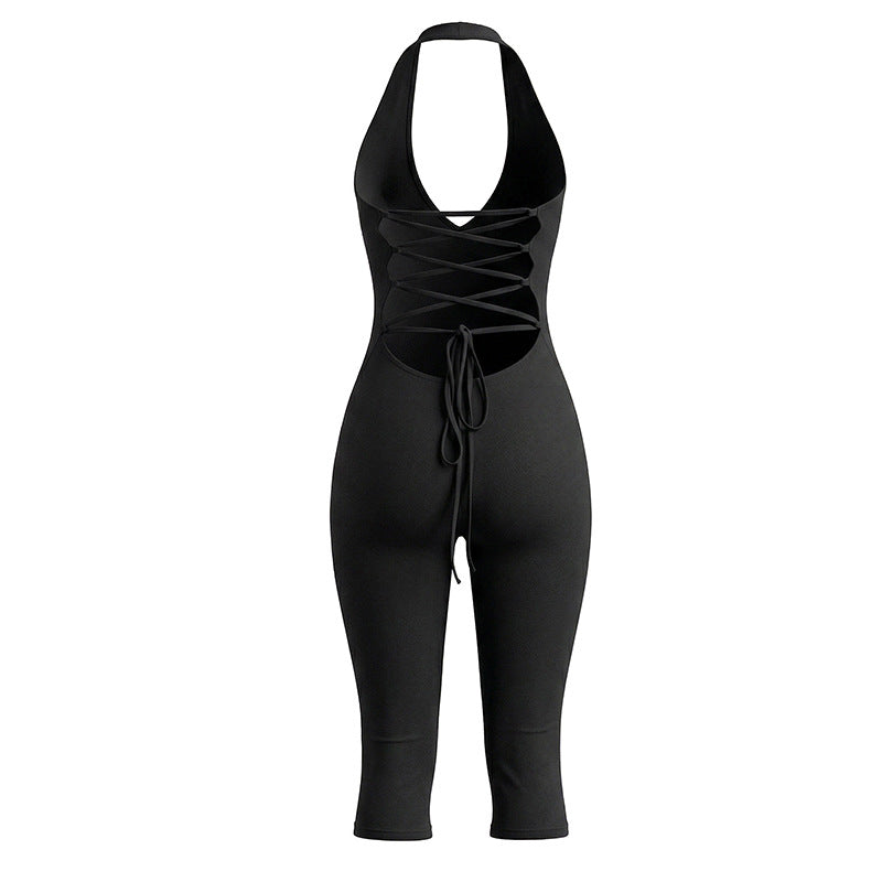 Women Clothing Summer Solid Color Sexy Sleeveless Backless Lace up Halter Cropped Long Conjoined Trousers