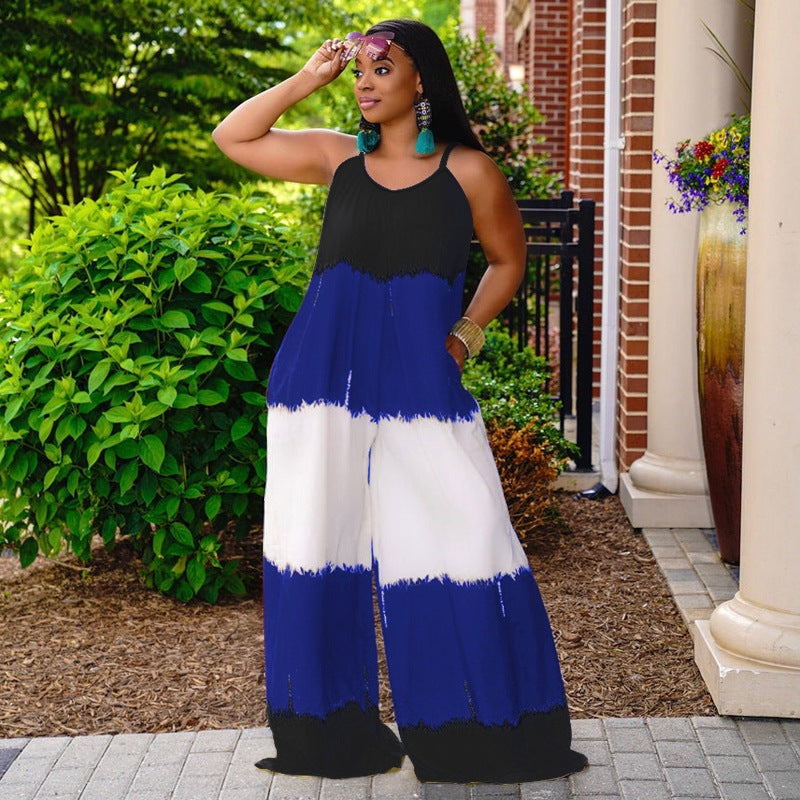 Plus Size New Patchwork Printed Suspenders Fashion Casual Long Women Clothes Jumpsuit
