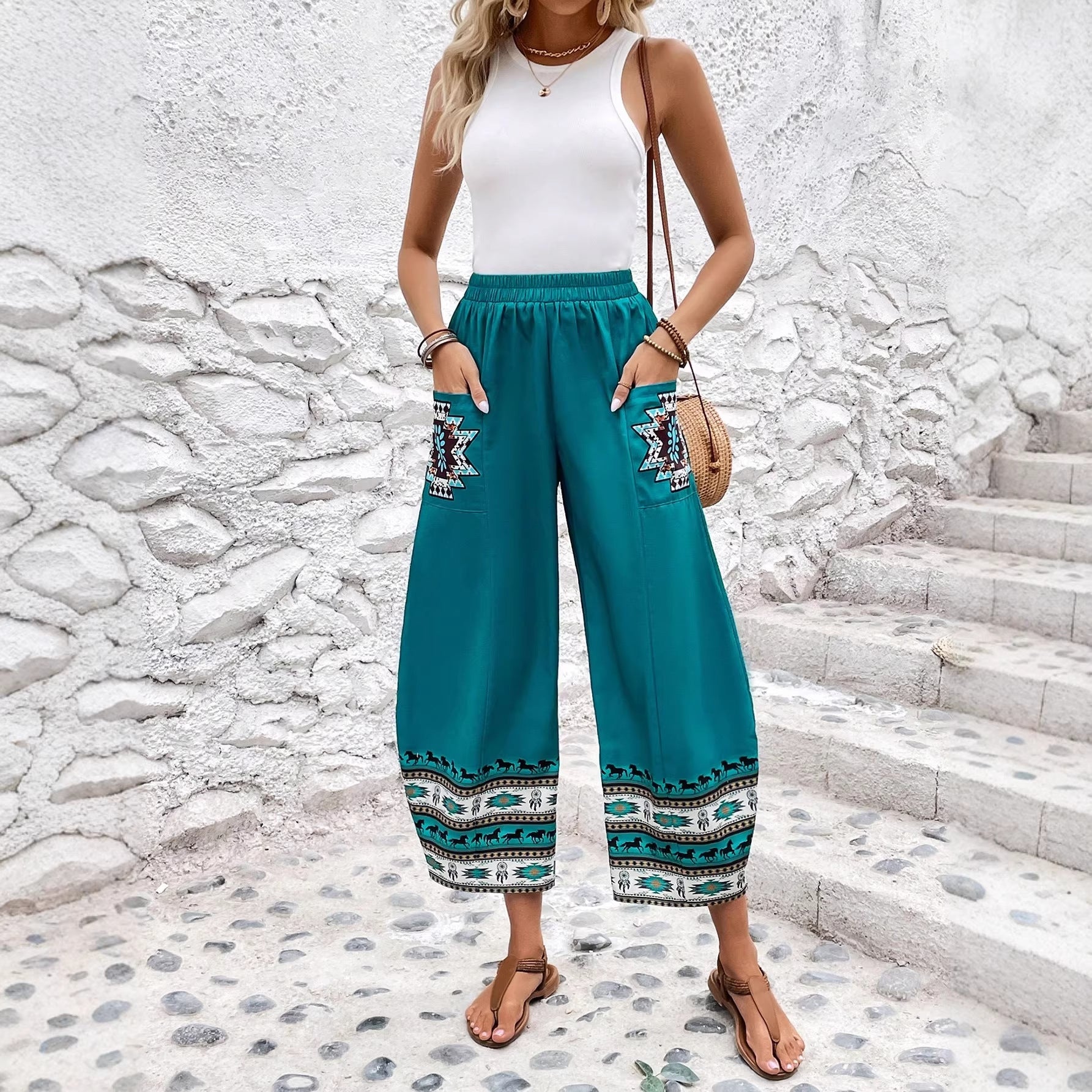 Arrival Ethnic Series 3D Digital Printing Loose Double Pocket Casual Wide Leg Trousers