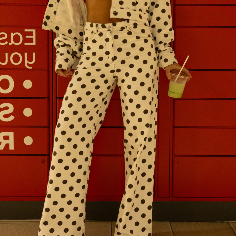 Millennium Jeans Casual All Matching Straight Pants High Waist Sweet Cool Polka Dot Denim Trousers for Women