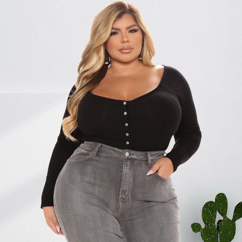 Plus Size Women Clothing Autumn Sping U Collar Breasted Long Sleeve Sexy Jumpsuit
