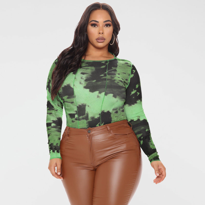 Plus Size Spring Women Clothing round Neck Print Long Sleeves Tight Breasted Jumpsuit