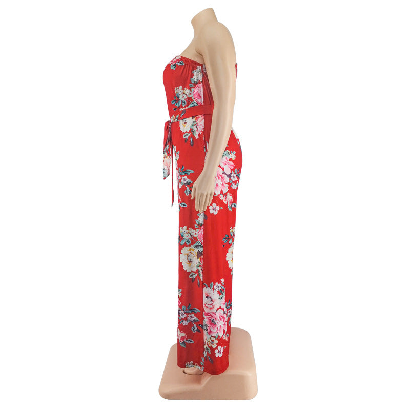 Plus Size Women Clothing Summer Large Floral Printing Casual Jumpsuit