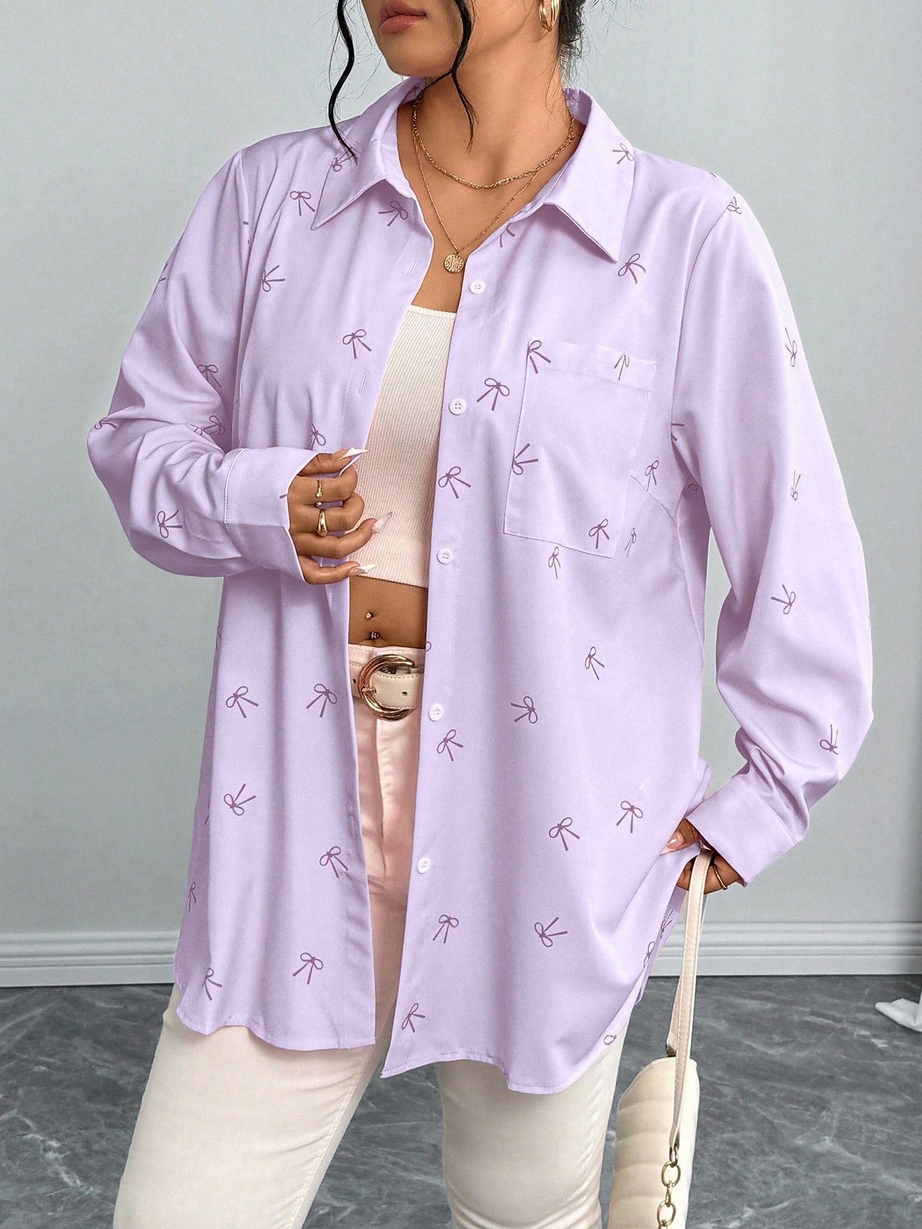 Plus Size Arrival Women Shacket Bow Print Long Sleeve Casual Shirt Autumn Loose