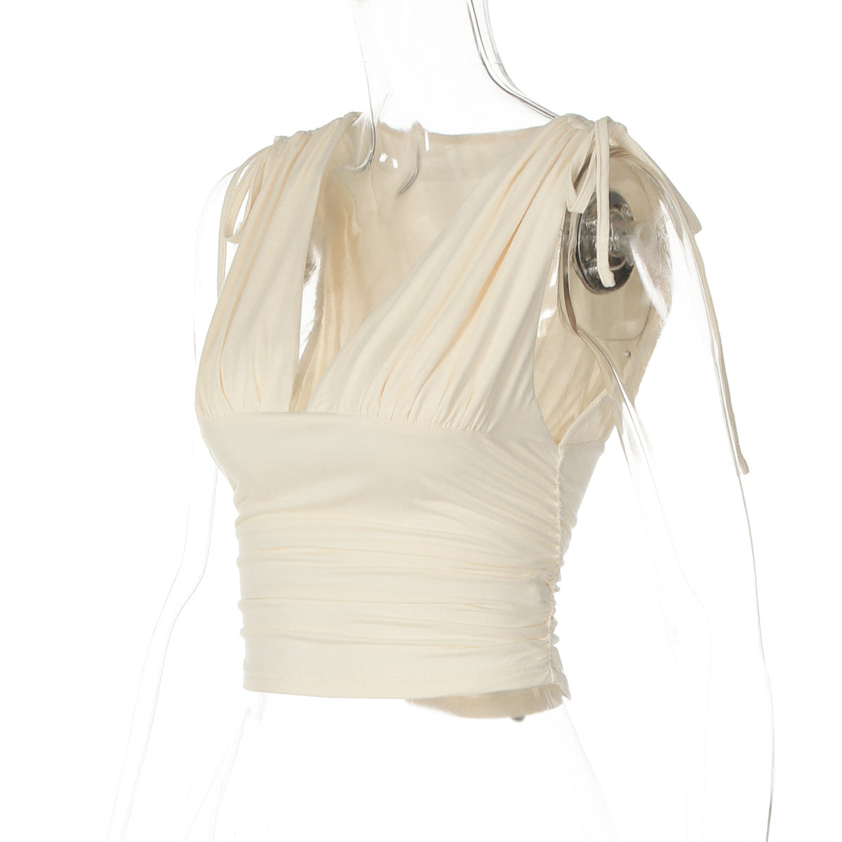 Women Solid  Deep V  Wrapped Chest Pleated