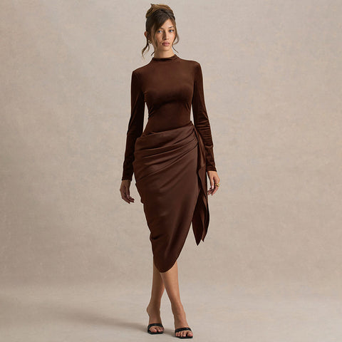 Washington Elegant Solid Color Waist Tight Irregular Asymmetric Mid Length Dress
