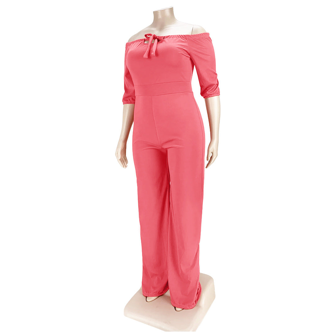 Plus Size Solid Color off-Shoulder Strap Wide-Leg Jumpsuit Women