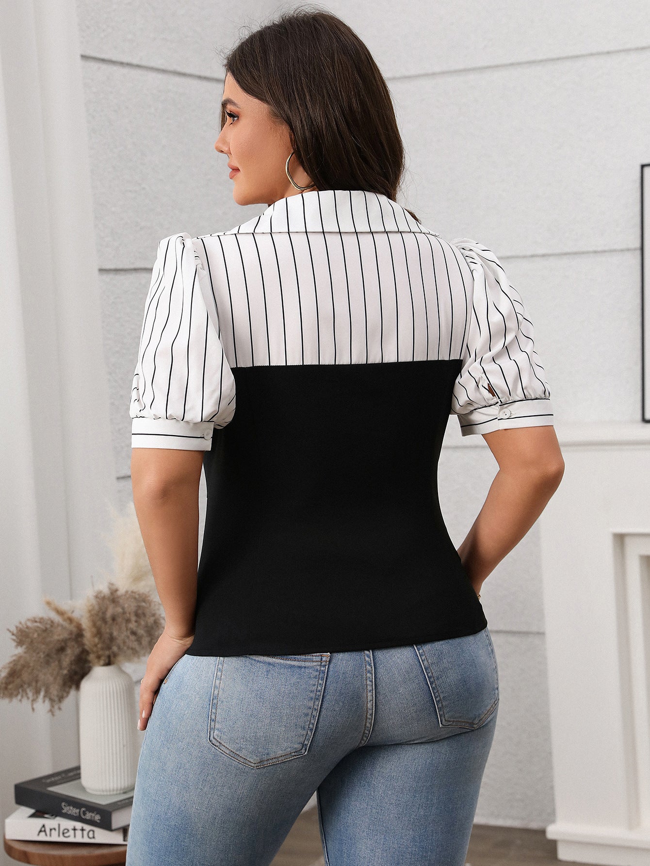 Women Clothing Striped Patchwork Top Summer Thin Short Sleeve Top