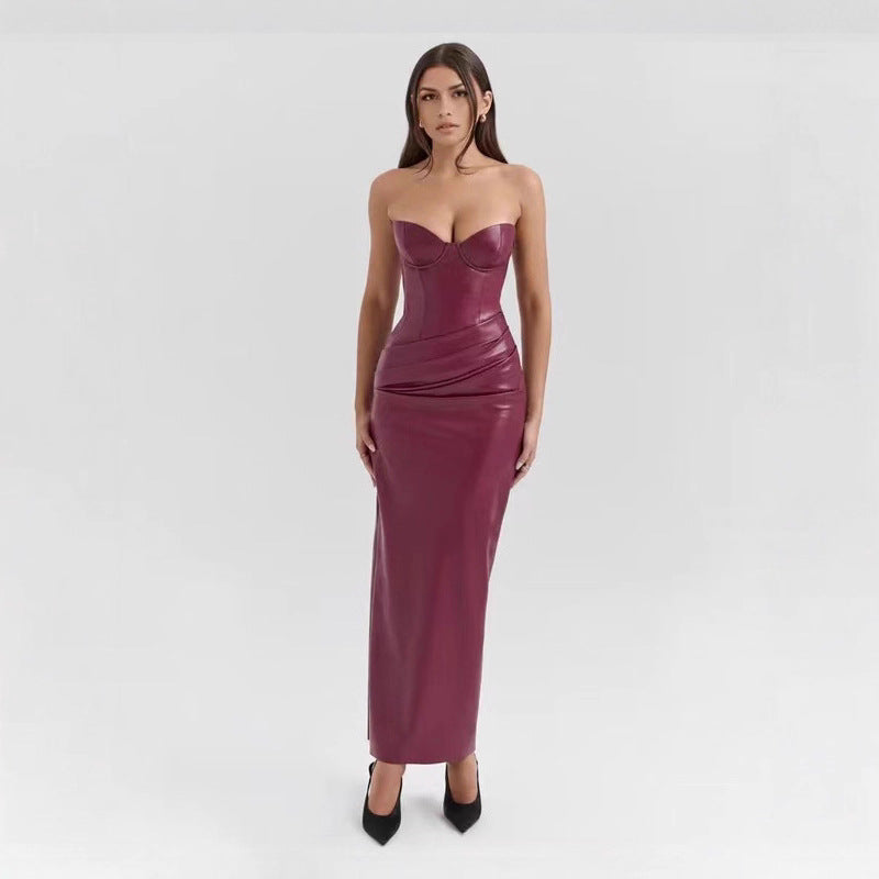 Philli Leather Sexy Lace up Slit Sheath Maxi Evening Dress