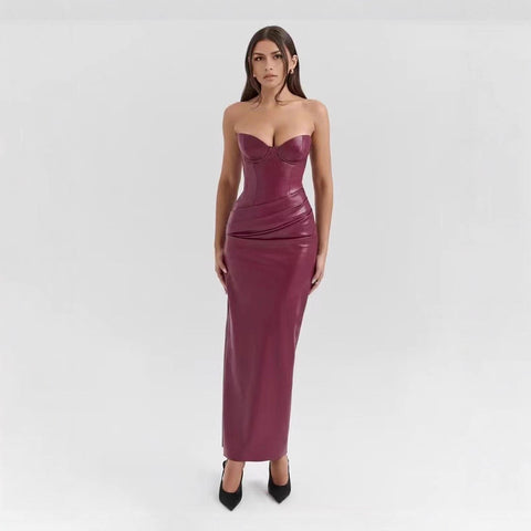 Philli Leather Sexy Lace up Slit Sheath Maxi Evening Dress