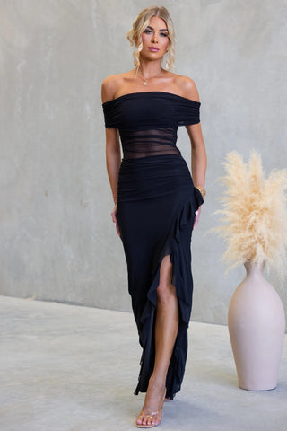 Dubai Split Ruffled Solid Color Hollow Out Cutout Mesh Sheath Dress