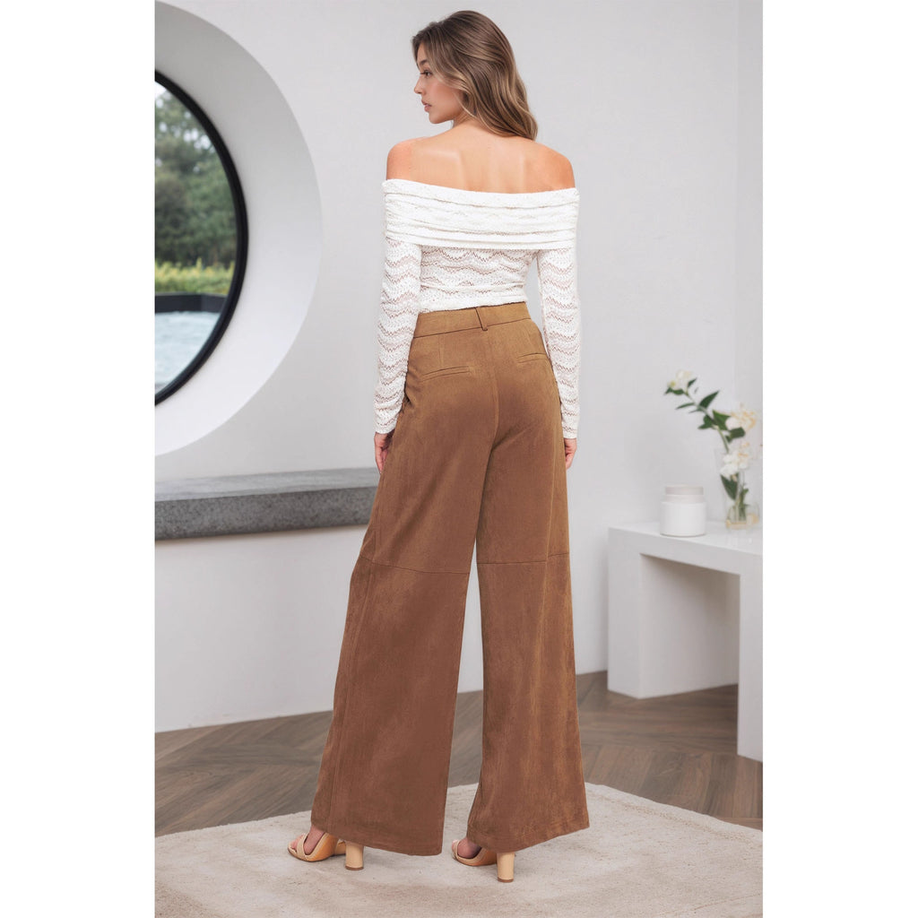 Autumn Winter Suede Outer Single Women Pants High Waist Double Pocket Design Casual Straight Leg Wide Leg Pants