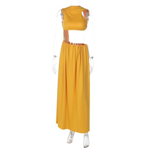 Nashville Solid Color Hollow Out Cutout Stitching Cropped Side Tied Maxi Dress