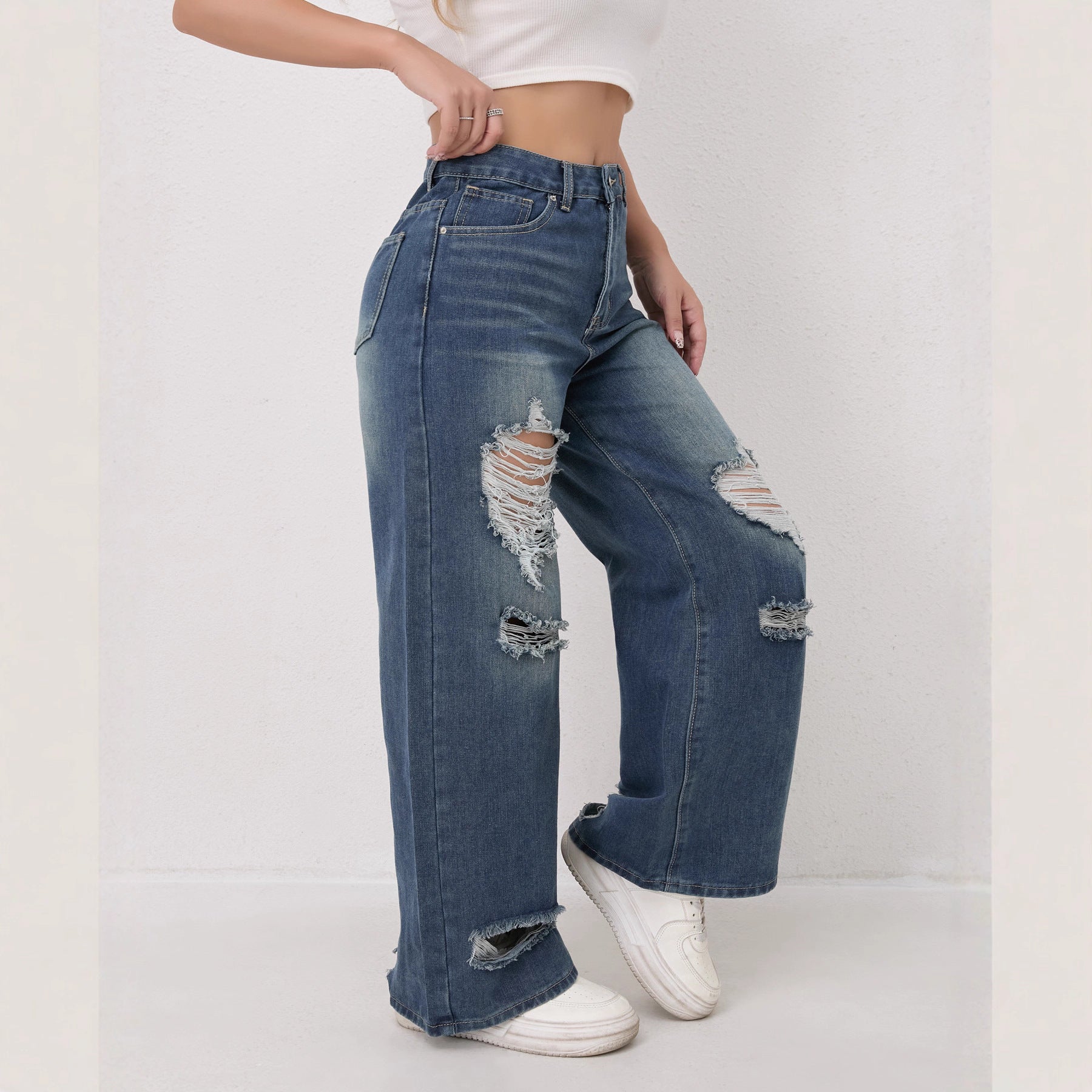 Distressed Worn Wide Leg Jeans Women Autumn High Waist Loose Wide Leg Jeans Women Slimming Pants Women Autumn