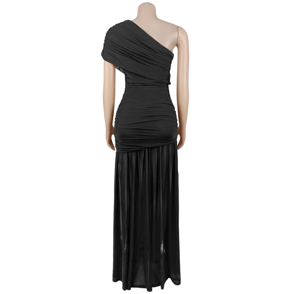 Mount Olive Sexy Formal One Shoulder Long Split Hem Solid Party Maxi Dress