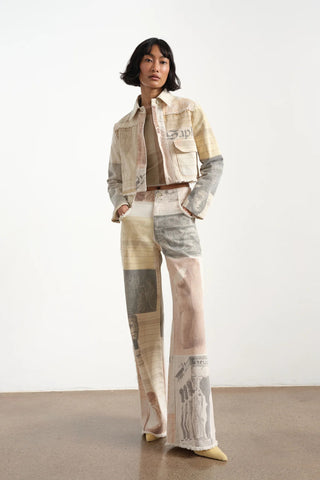 Retro Loose Print Wide Leg Straight Mop Denim Trousers