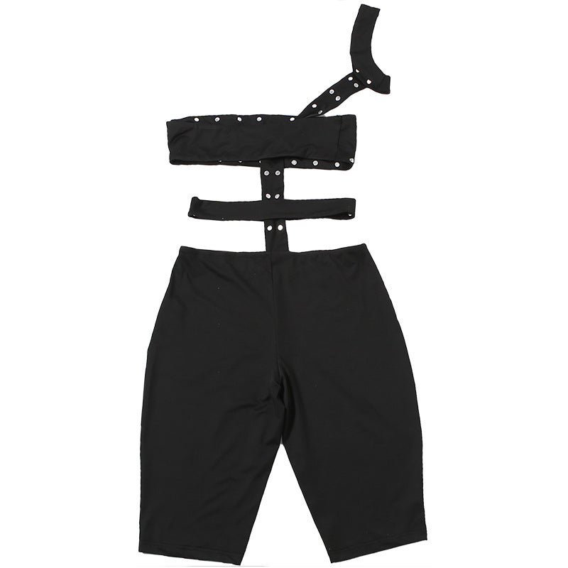 Spring Women's Trendy Unique Rivet Sexy Cutout Tight Five Point Jumpsuit