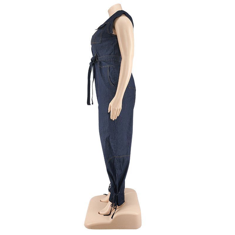 Plus Size Women Clothing Autumn New Denim Sleeve Wash Jumpsuit Trousers Sexy New