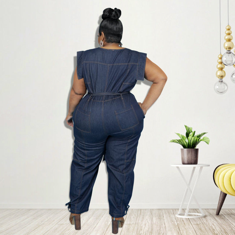 Plus Size Women Clothing Autumn New Denim Sleeve Wash Jumpsuit Trousers Sexy New