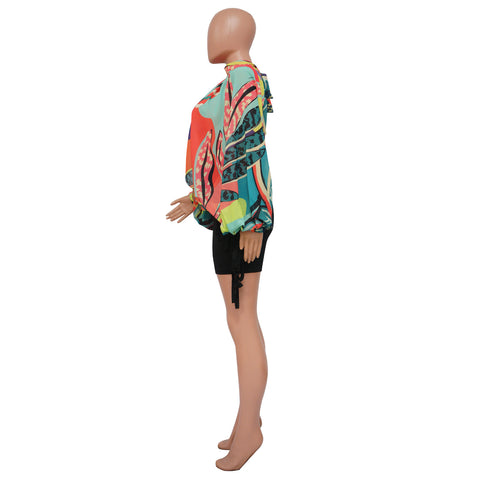 Women  Printing Batwing Sleeve
