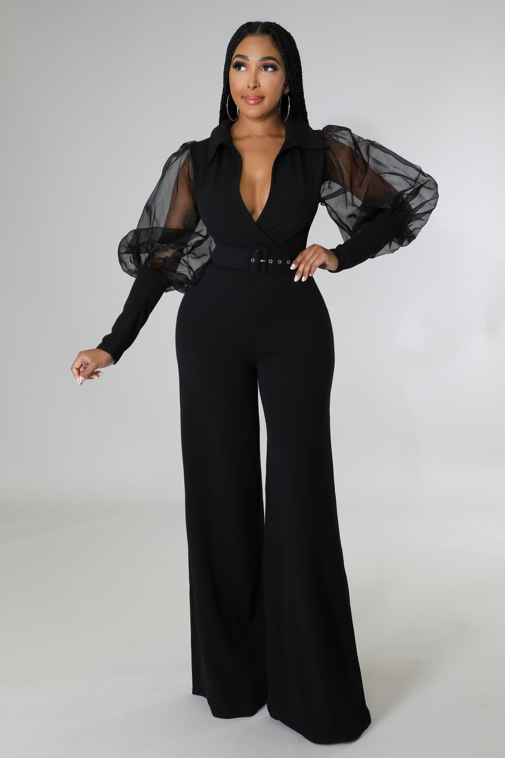 V-neck Mesh Puff Sleeve Special Women Clothing Loose Flared Jumpsuit