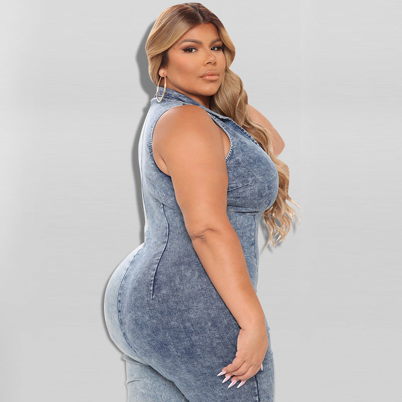 Plus Size Women Clothing Autumn New Color Matching Wash Sexy Denim Jumpsuit
